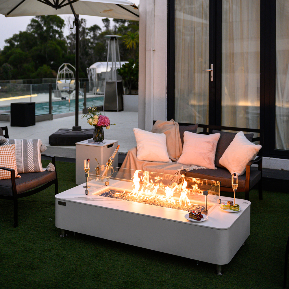 Elementi Plus - Athens Porcelain Top Fire Table - White Rectangle- Lp