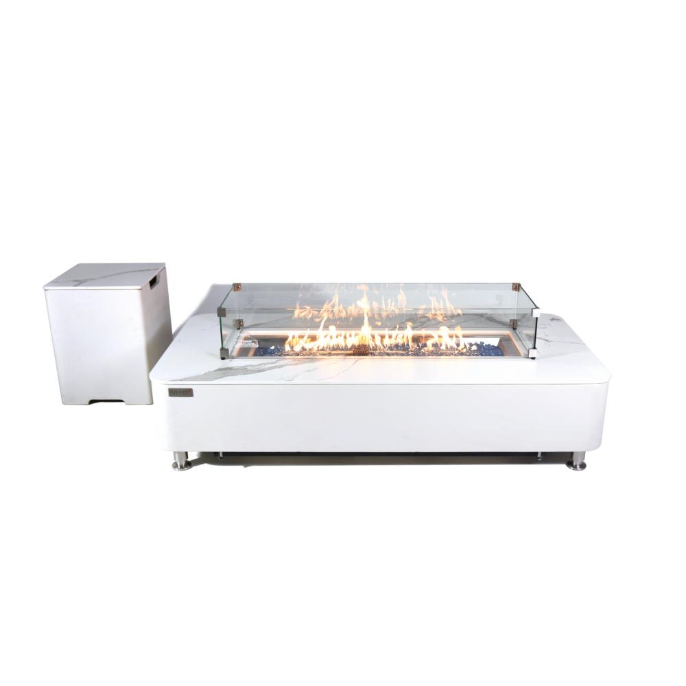 Elementi Plus - Athens Porcelain Top Fire Table - White Rectangle- LP