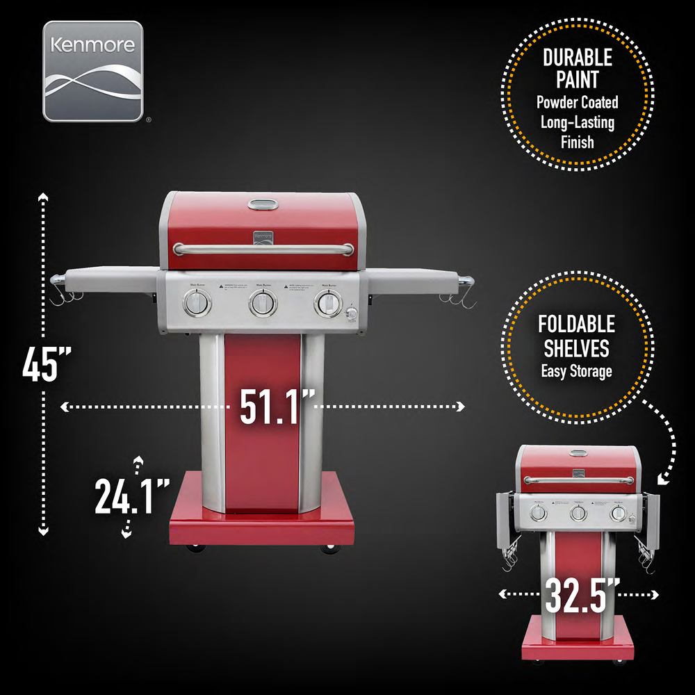 Kenmore - 3 Burner Pedestal Gas Grill - Red