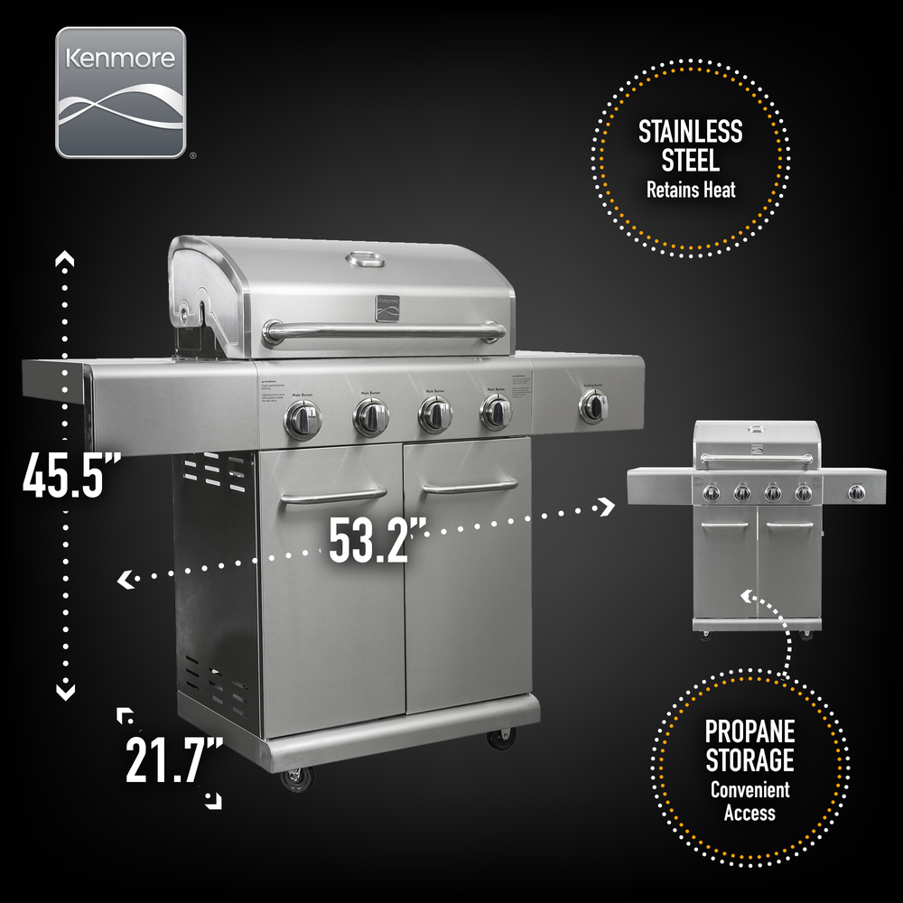 Kenmore - 4 Burner Gas Grill Plus SEARING Side Burner - All Stainless Steel